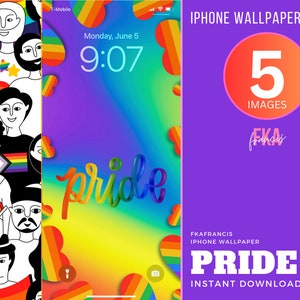 Puede incluir: Cinco fondos de pantalla para iPhone con un tema de orgullo arcoíris. Los fondos de pantalla presentan ilustraciones de personas con corazones arcoíris y la palabra "orgullo" en letras arcoíris. El texto "IPHONE WALLPAPER DESIGN" y "PRIDE INSTANT DOWNLOAD" también está incluido.