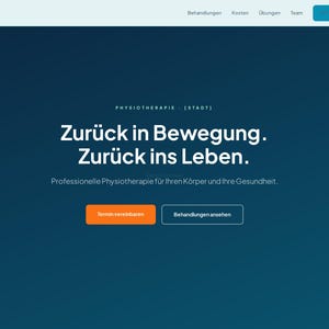 May include: A website interface with a gradient blue background. The text reads "Zurück in Bewegung. Zurück ins Leben." with the words "Physiotherapie" and "Stadt" above. Two orange and white buttons are visible.