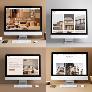 May include: Four computer monitors displaying interior design websites. The top left monitor shows a website with the text "Interior Design" and a photo of a living room. The other monitors display architectural designs and website layouts.