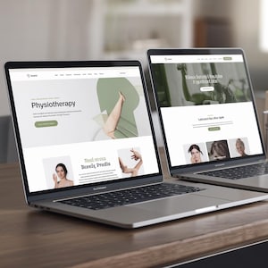 May include: Two silver laptops on a wooden surface, each displaying a website. The left screen shows "Physiotherapy" with a green and white design. The right screen displays a different website with the text "Wour Your Listin Firthur Ca".