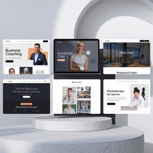 Könnte beinhalten: Ein Laptop, der ein Website-Design mit dem Text "Restaurant Cafe" anzeigt. Weitere Website-Designs sind "Business Coaching", "Real Estate" und "Physiotherapy for rent br". Die Websites befinden sich auf einem weißen Podest.