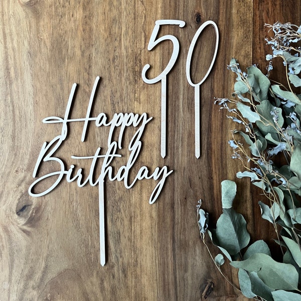 Cake Topper Happy Birthday und Zahlen für den Geburtstagskuchen aus Holz | Dekoration zum Geburtstag Geschenk | Kuchendeko runder Geburtstag