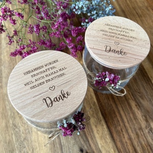 Vorratsglas mit Holzdeckel für Hebamme als Geschenk | Danke | Keksdose mit Gravur für Hebammen auch mit Wunschtext | Personalisierbar