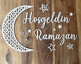 Ramadan Mubarak | Hoşgeldin Ramazan | Hayirli Bayramlar | Eid Mubarak| Ramadan Dekoration Schriftzug aus Holz Mond und Sternen | Wanddeko