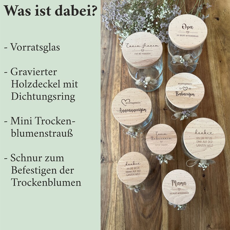 Glas mit Holzdeckel zum Muttertag Vatertag mit Wunschgravur Canım Annem Babam Geschenk personalisiert Hediye Anneler Günü Bild 8