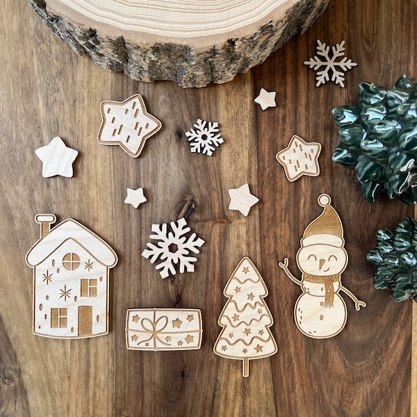 Weihnachten Dekoration aus Holz Schneemann Häuschen | Winter Deko für den Adventskalender | Geschenke Zuckerstange Sterne Adventskalender