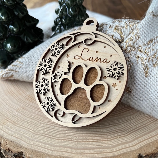 Personalisierte Weihnachtskugel Hund aus Holz   Mit Pfote | Geschenk zu Weihnachten Haustier | Weihnachtsdekoration Hund Baumanhänger