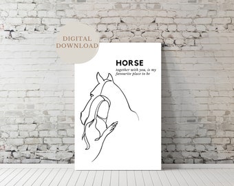 Horse and Girl Print, Horse Love, Minimal Line Art, Printable Wall Art, Horse Decor, Modern Decor, Digital Wall Art, Contemporary Design