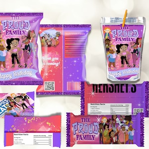 Proud Family party favors | Printable files | Chip bags | Juice pouch | Candy bar | Marshmallow cereal bar | Custom wrappers | Birthday