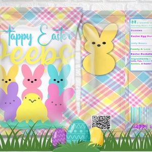 May include: A colorful, checkered Easter treat bag with a Happy Easter Peep design. The bag features a yellow Peep with a white face and black eyes, surrounded by other Peeps in various colors. The bag also includes a nutrition facts label and a QR code.
