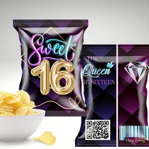Sweet Sixteen 16 Chip Bag Template. Customized Multi color Party Favors Treat Bag. Printable chip bags, Chip bags, Custom favors.