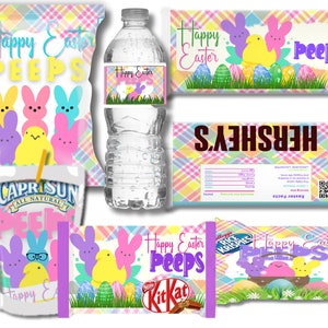 May include: A set of printable labels for Easter treats featuring a pastel plaid background with yellow chicks, pink and purple bunnies, and the text "Happy Easter Peeps". The labels are designed for various items, including a water bottle, a bag of chips, a Capri Sun juice pouch, a Hershey's chocolate bar, a Rice Krispies treat, and a Kit Kat chocolate bar.