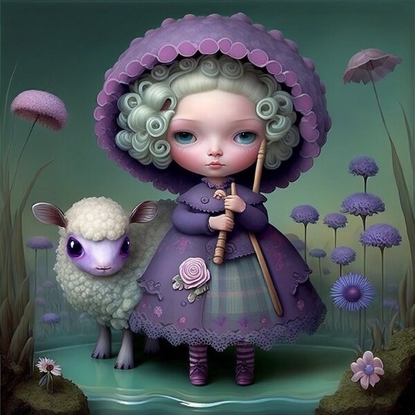 Little Bo Peep - Girl, sheep, purple, whimsical, nursery ryhme,  AI art, home décor, wall art, midjourney, square, nursery, kid art