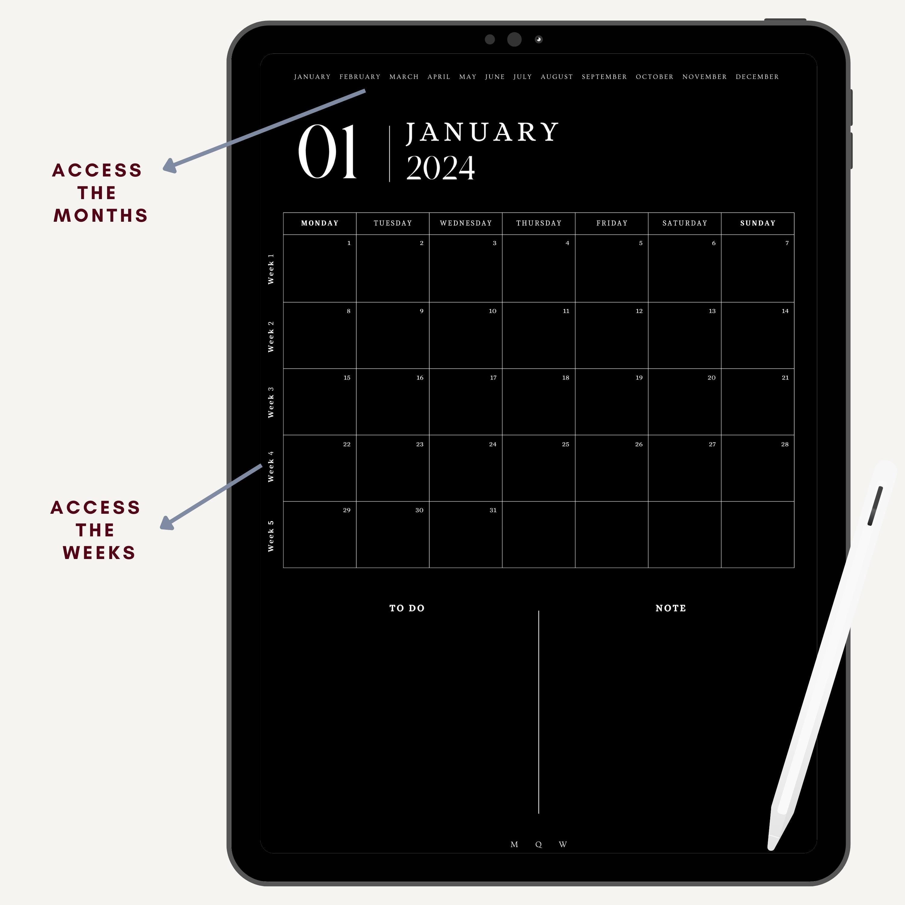 2024 Monthly Planner, 2024 Monthly Calendar Digital, Monthly Weekly