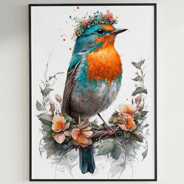 Watercolor Art | Flora's Beauty | The Bird with Flower Tiara | Printable Art | Wall Decor | Bird Art | Spring Decor Gift | DIGITAL DOWNLOAD