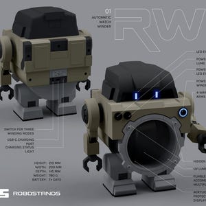 May include: An automatic watch winder robot in tan, black, and gray. Features include LED eyes, articulating arms, and a USB-C charging port. Dimensions: 210 mm height, 200 mm width, 145 mm depth. Weight: 780 g. Battery life: 7+ days. The text "RWI" is visible.