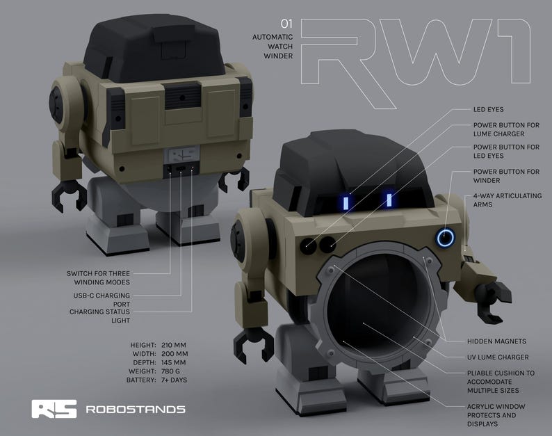 May include: An automatic watch winder robot in tan, black, and gray. Features include LED eyes, articulating arms, and a USB-C charging port. Dimensions: 210 mm height, 200 mm width, 145 mm depth. Weight: 780 g. Battery life: 7+ days. The text "RWI" is visible.