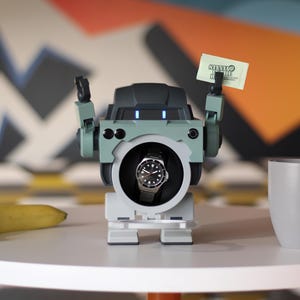 May include: A robot-shaped watch winder with a black and silver watch inside. The robot has green and gray accents and holds a small card. A banana and a gray mug sit on the table.