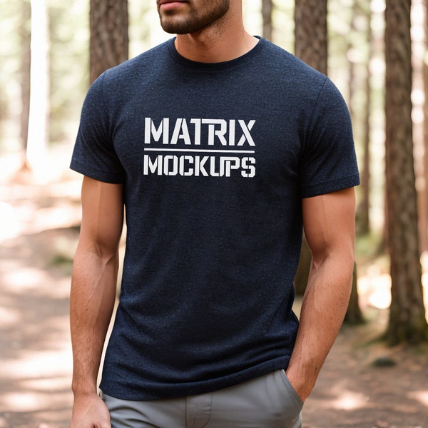 Heather Navy Bella Canvas 3001 Mockup, T-Shirt Mockup, Male t-shirt Mockup, Model Mockup, Nature, Woods, Navy Tshirt mock, Model 3001 Mockup