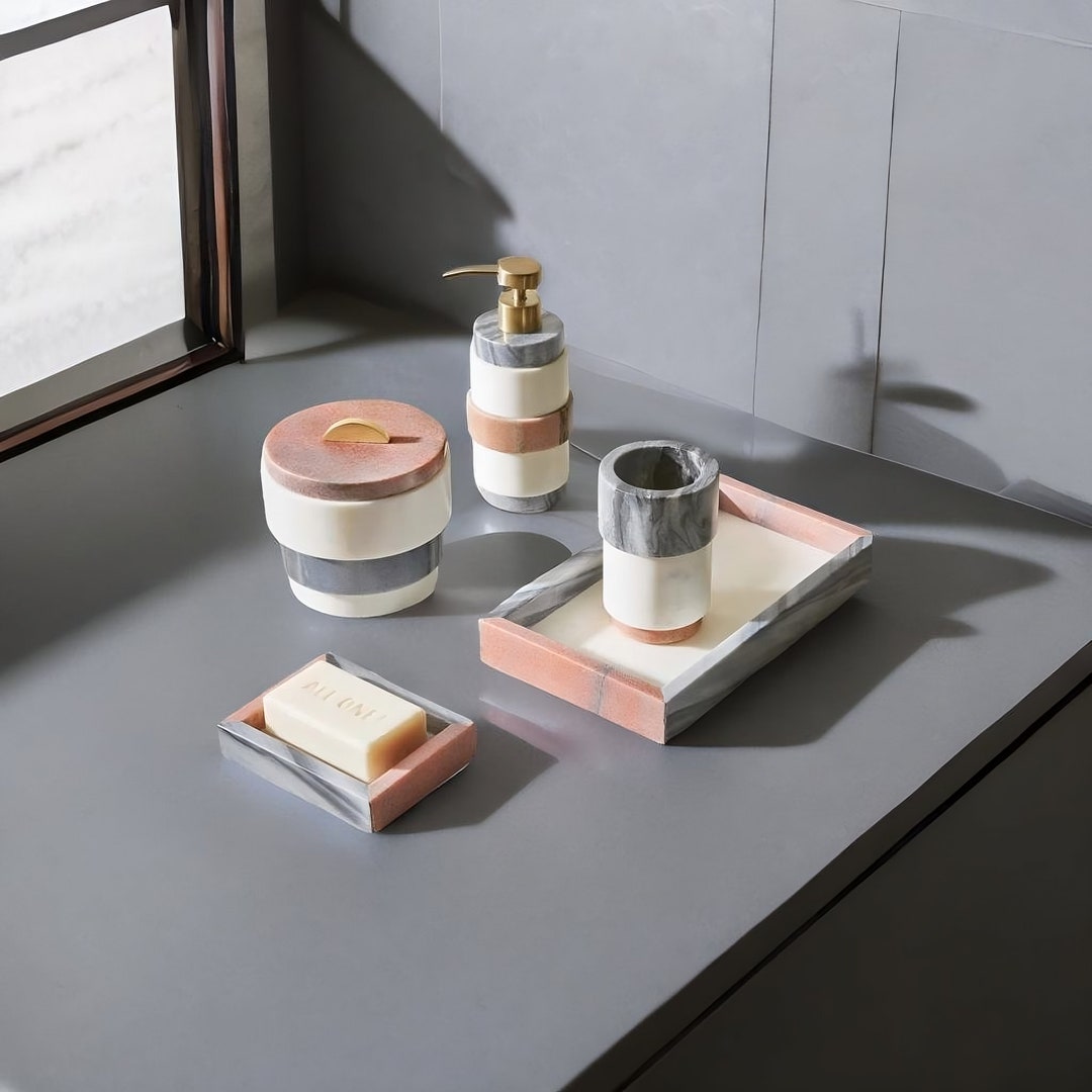 Multi-stone 5-piece Marble Bath Accessory Set, Marble Soap Dispenser ...