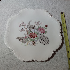 Unique 1984 Handmade Ceramic 11-inch Plate with Golden Peacock Print