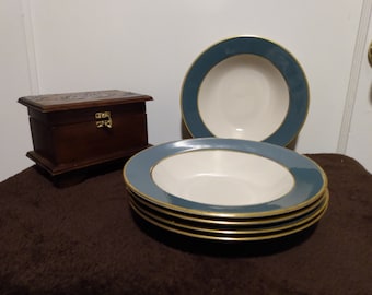 1960s Flintridge China 8.5&quot; rimmed 7 soup bowls Sylvan Teal Green MCM Made in California set (see condition notes)