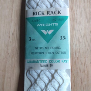 1969 Wrights Jumbo Rick Rack Mercerized 100% Cotton - 3 yards - 345 White 30 - unopened
