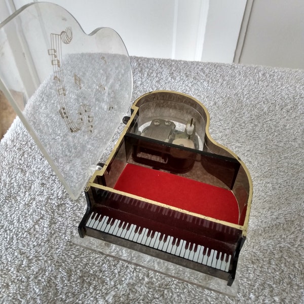 Beautiful Vintage Clear/Red/Gold Piano Music Box in working condition (see description for condition)