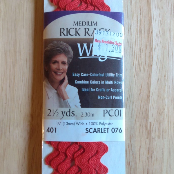1998 Wrights Scarlet Medium Rick Rack 100% Polyester 1/2" wide - 2.5 yards - PC01 401 - Scarlet 076 Red - unopened