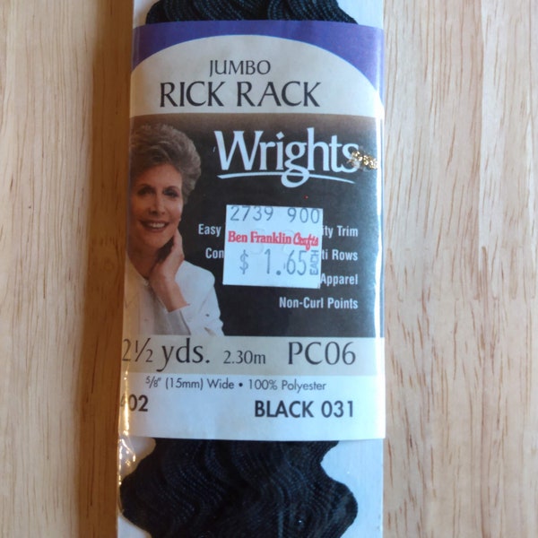 1998 Wrights Black Jumbo Rick Rack 100% Polyester 5/8" wide - 2.5 yards - PC06 402 - Black 031 - unopened