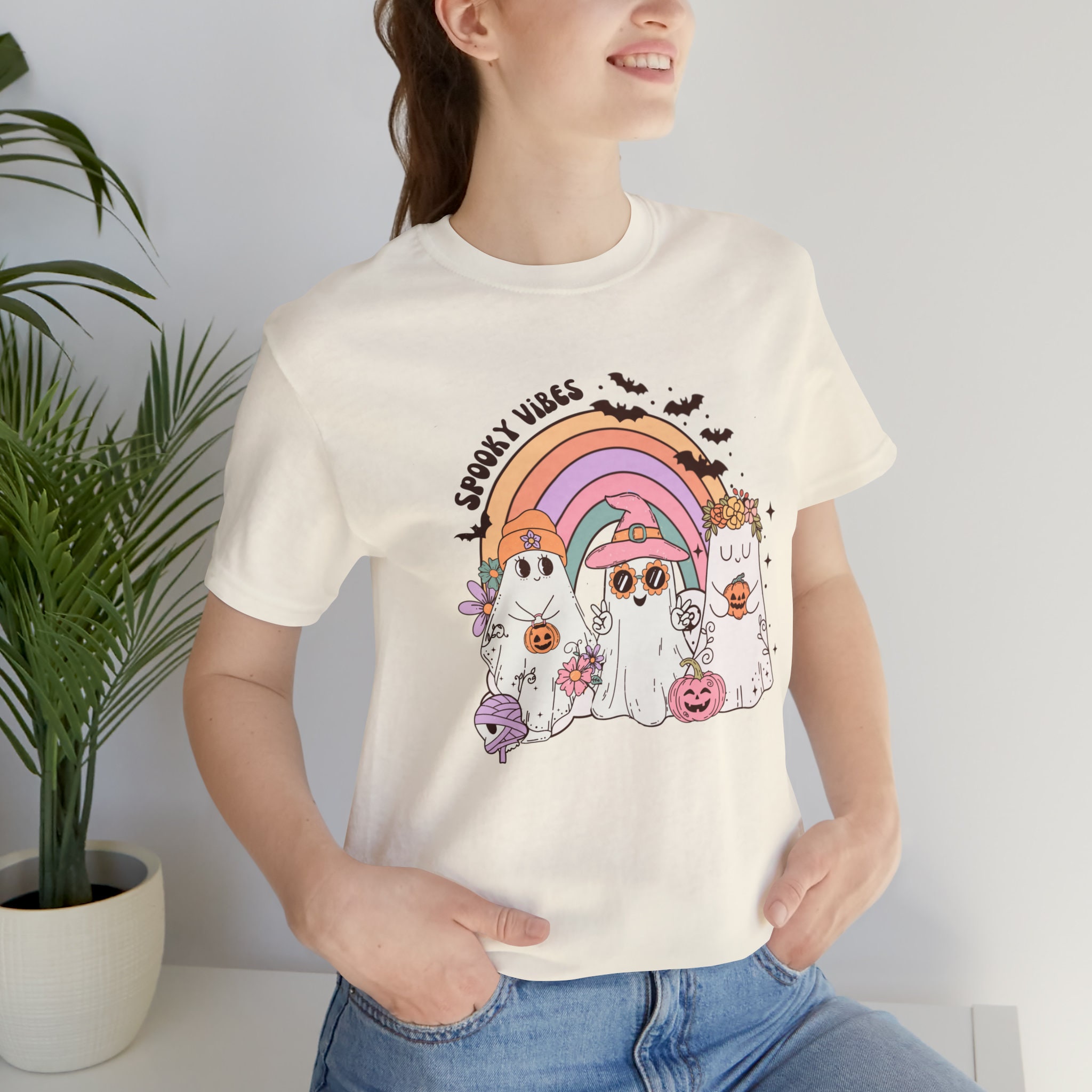 Discover Retro Halloween T Shirt Rainbow Fall Shirt Ghost Tshirt Gift for Halloween Women Tee Fall Gift for Her Retro Rainbow Ghost Halloween Tee