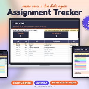 Assignment Tracker Spreadsheet, Student Planner, Homework Tracker, GPA Calculator, Google Sheets, College Planner (Digital Download)