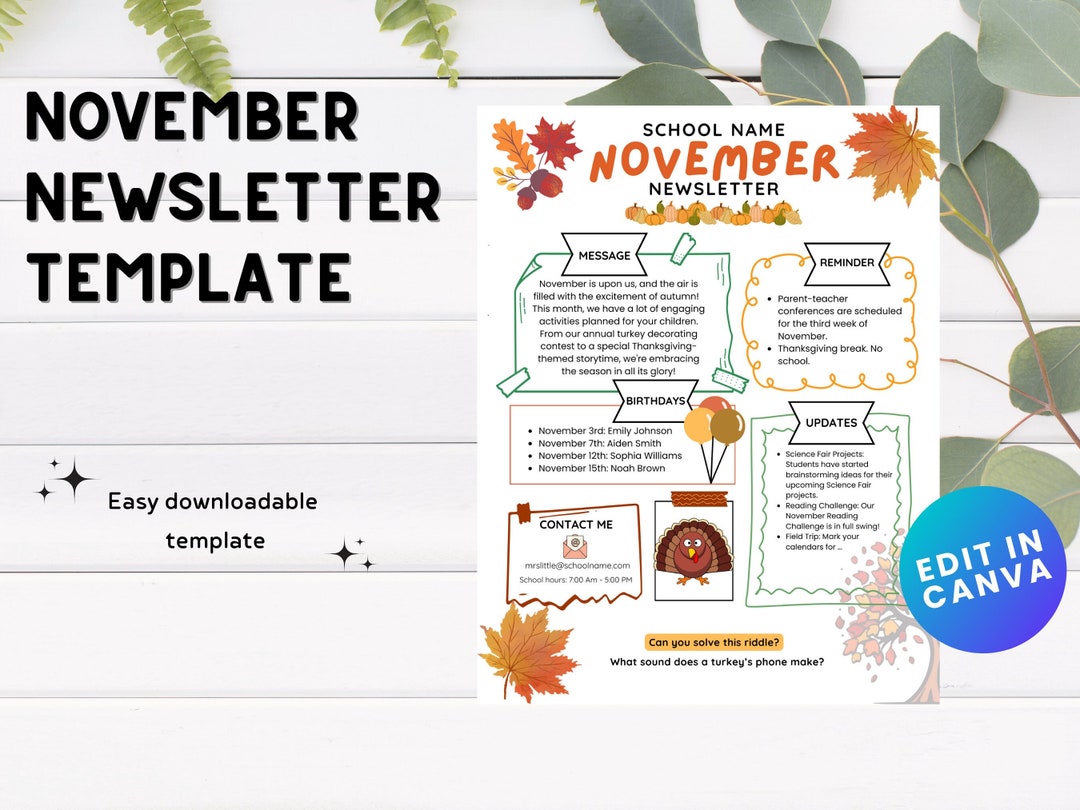 November Newsletter Template, Editable Newsletter, Monthly Newsletter
