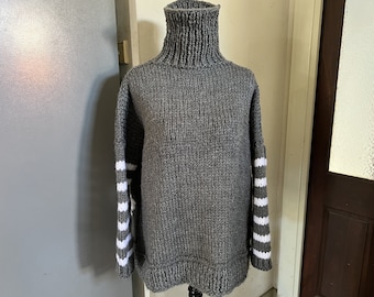 Grey Jumper White Stripe Sleeves