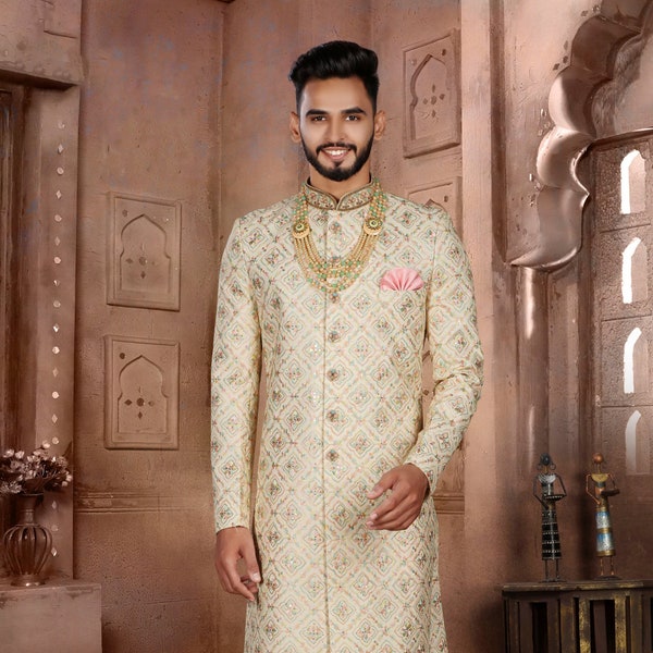 Beautiful Floral Embroidery Wedding Heavy Sherwani, Men's Sherwani for Wedding, Groom Sherwani, Men Wedding Dress Customized Plus Size