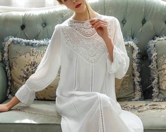 Edwardian Night Dress, Antique 1910s Nightgown, White Embroidered 