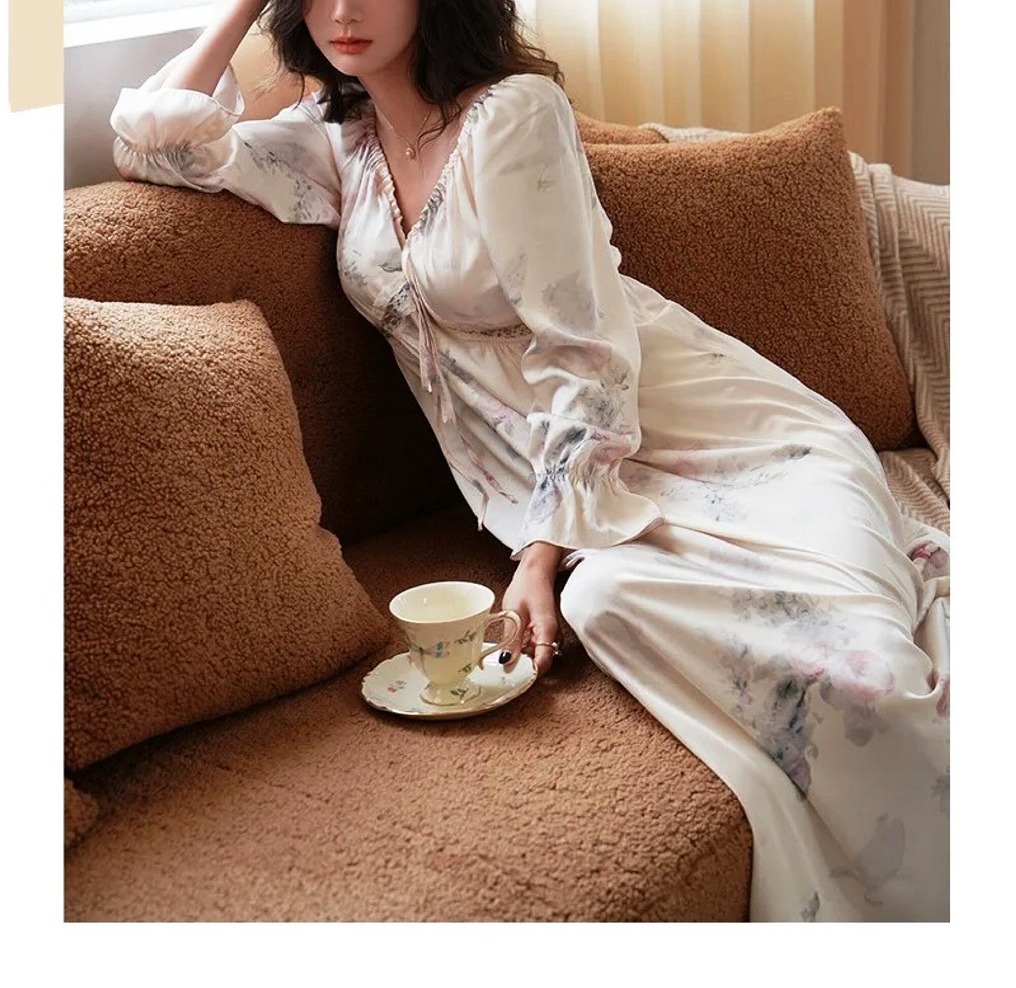 Silk Nightgown for Women,vintage Spring Floral Pajama Dress