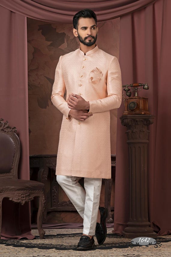 south indian groom engagement dress Jovani 44374 - Long Metallic Jacquard A-line Dress