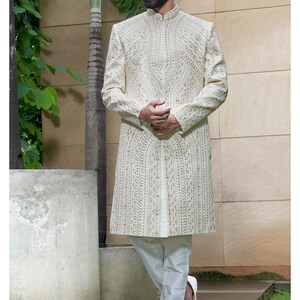 Handcrafted Men&#39;s Wedding Sherwani: Embroidered Indian Groom Outfit