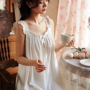 Lace Cotton Victorian Nightgown: Sleeveless Summer Nightdress