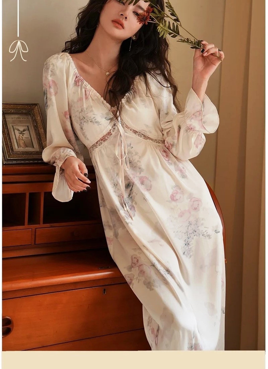 Silk Nightgown For Women vintage Spring Floral Pajama Dress Silk 