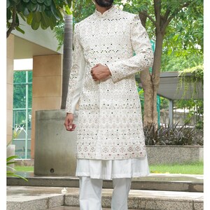 Handcrafted Men&#39;s Wedding Sherwani: Embroidered Indian Groom Outfit