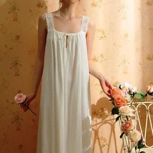 Victorian White Cotton Nightgown: Sleeveless Lace Edwardian Sleepwear
