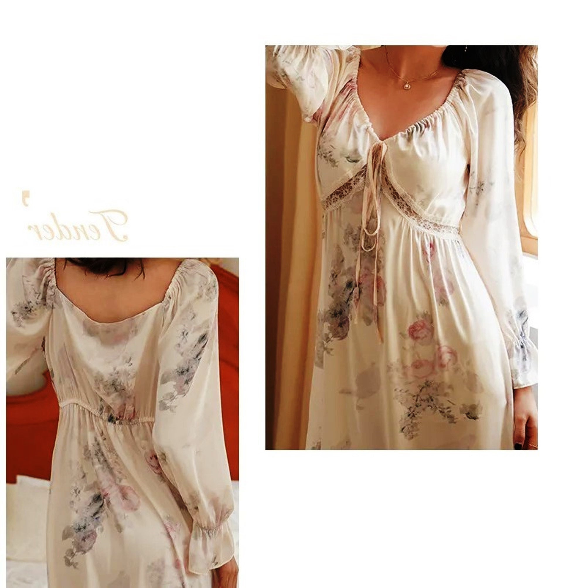 Silk Nightgown for Women,vintage Spring Floral Pajama Dress