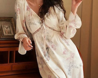 数量は多い Women,vintage for Nightgown Silk Spring Dress Pajama Floral Clothing