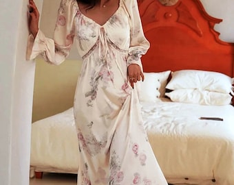 Silk Nightgown for Women,vintage Spring Floral Pajama Dress