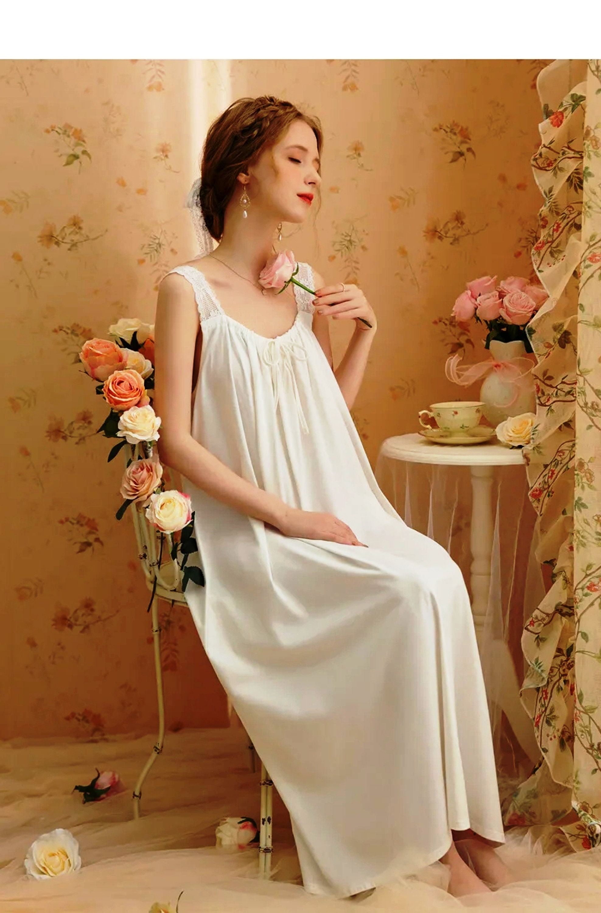 White Lace Cotton Nightgown: Vintage Edwardian Sleeveless