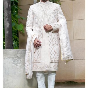 Handcrafted Men&#39;s Wedding Sherwani: Embroidered Indian Groom Outfit