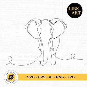 Puede incluir: Ilustración minimalista de arte lineal de un elefante. La obra de arte está representada en una sola línea negra continua, mostrando la forma del elefante sobre un fondo de papel vintage. Se incluye el texto "LINE ART" y opciones de tipo de archivo.