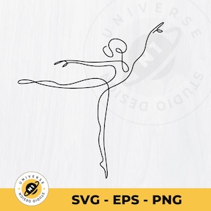 May include: A line drawing of a ballerina in a single line, with one leg extended and the other leg bent at the knee. The ballerina is in a graceful pose, with her arms outstretched.